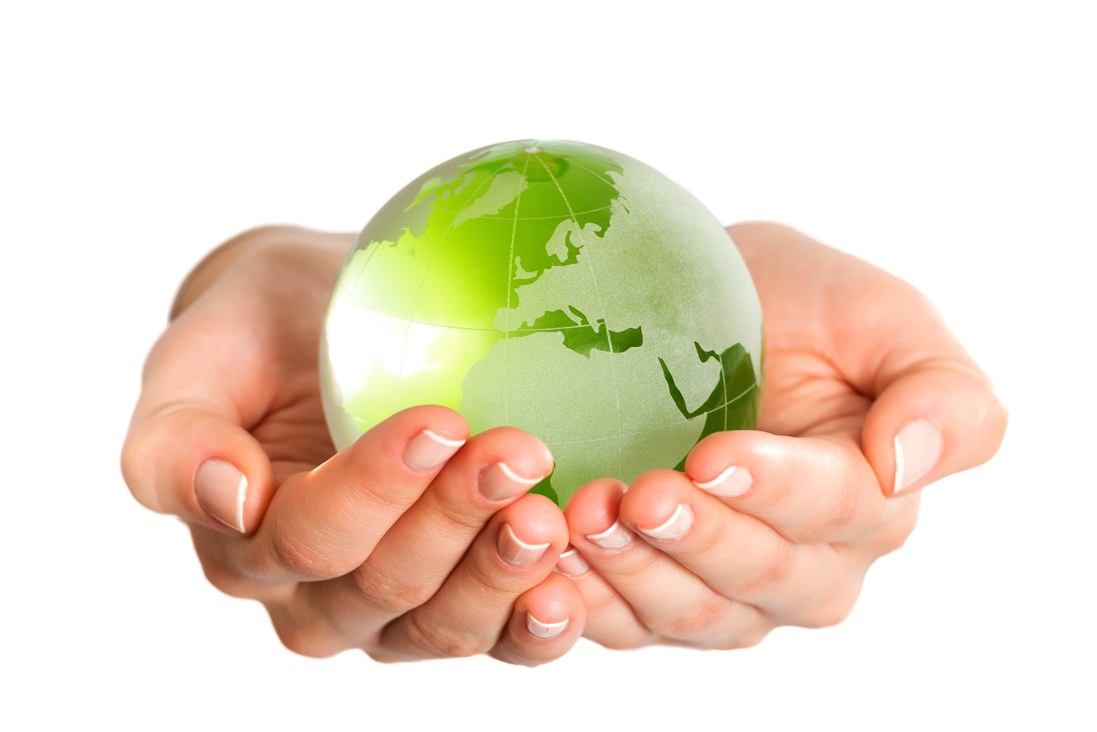 Green glass globe in hand isolated