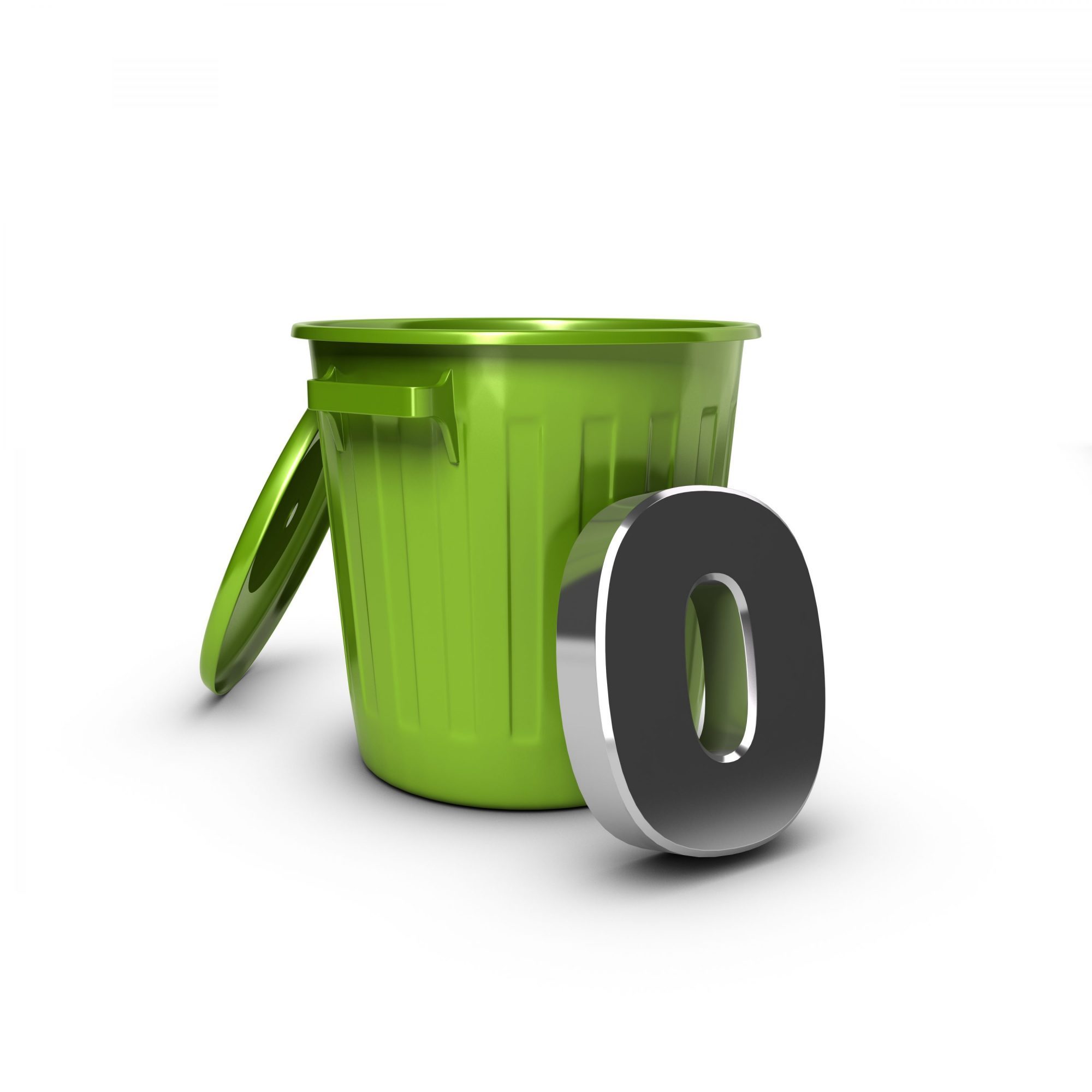 Number zero against a green bin. Concept illustration for zero waste objective.